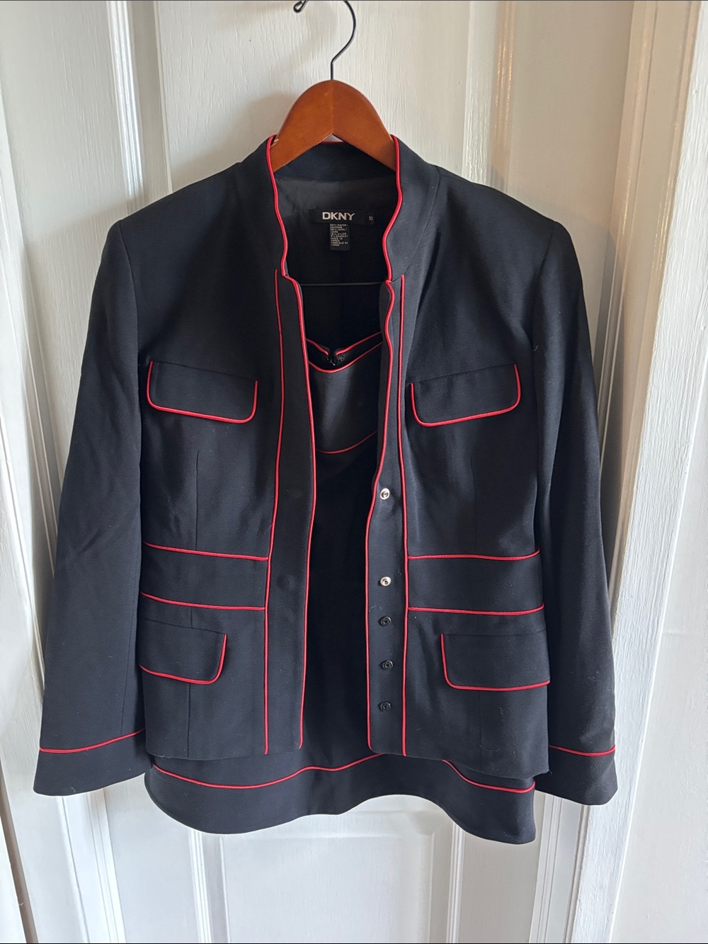 DKNY Suit with Black Jacket & Skirt with Red Piping Trim